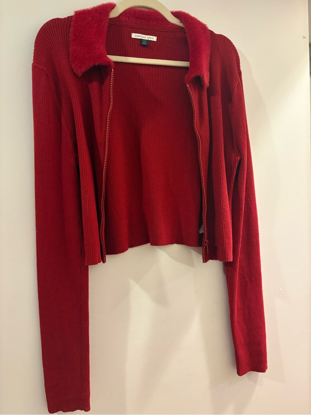 American Eagle Outfitters Red Ribbed Zip-Front Cardigan with Faux-Fur Collar